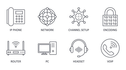 Vector Voice over IP icons. Editable stroke. IP phone router network pc channel setup configuration encoding headset multimedia VoIP - 401285318
