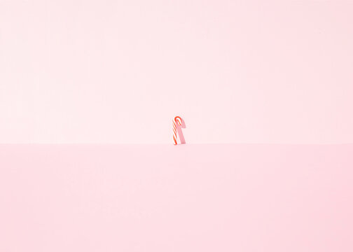 White and red delicious Christmas candy cane placed on pink background in bright studio