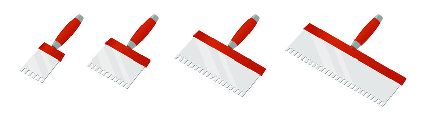 Isometric wall worker notched trowels isolated on white background. Set of different size putty knifes vector icons. Spatula with a orange handle. Construction and scratcher tool. Vector illustration.