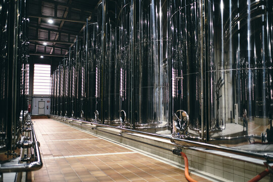 Rows of shiny stainless steel reservoirs placed in bright industrial area of modern factory