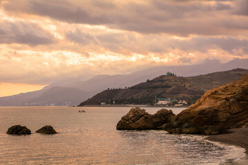 Beautiful view of the sea, rocks, clouds in the Republic of Crimea