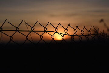 Sunset barbed wire fence - obrazy, fototapety, plakaty