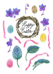 Watercolor hand drawn easter decorations set with willow frame, violet flowers, easter eggs, pink ribbon. Can be used as print, postcard, template, stickers, design elements, textile. and so on.