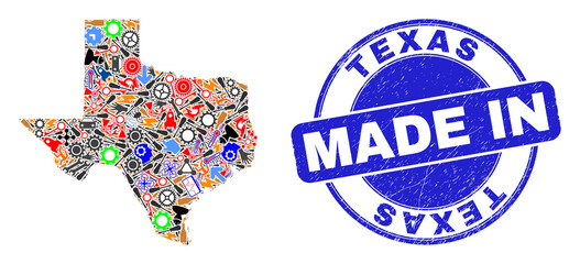 Development Texas State map mosaic and MADE IN grunge stamp seal. Texas State map collage created with wrenches, gearwheels, tools,elements,vehicles,power strikes,rockets.