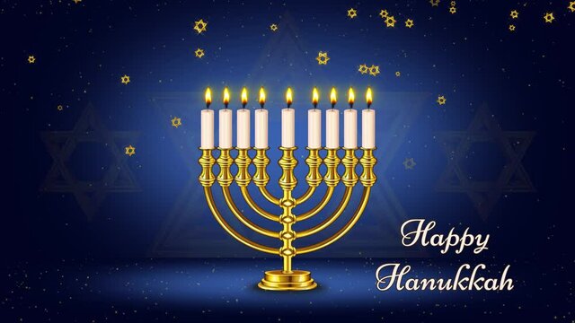 Happy Hanukkah, Jewish holiday background animation footage,golden Menorah candles,golden star of david raining,glowing and glittering stars,dark gradient blue background
