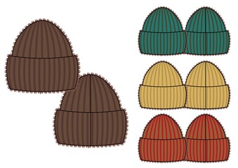 Set of winter knitted fluffy hats, sketch style vector illustrations isolated on white background. Vector template.