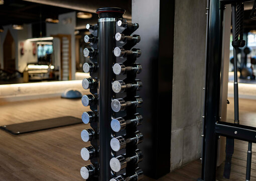 Tall rack with various dumbbells for weightlifting training placed near wall in modern gym