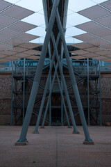 Symmetrical design steel structure with stairs in the background. Seafarers' training barracks, Cartagena, Spain