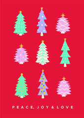 Merry Christmas and Happy New Year greetings postcard with Christmas trees on the red isolated background.