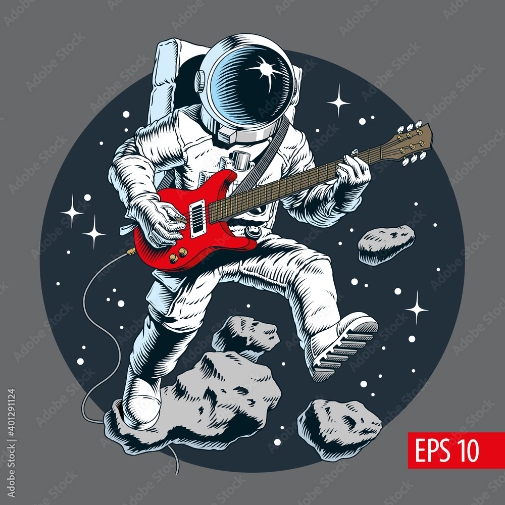 Wall mural astronaut playing electric guitar in space. stars and asteroids on background. vector illustration.