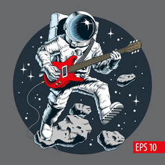 Astronaut playing electric guitar in space. Stars and asteroids on background. Vector illustration. - obrazy, fototapety, plakaty
