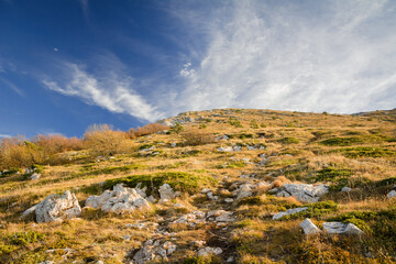 Demerdji, Alushta, Republic of Crimea - April 1, 2019: View of Chatyr-Dag-Yayla from the Moonglade on Demerdzhi
