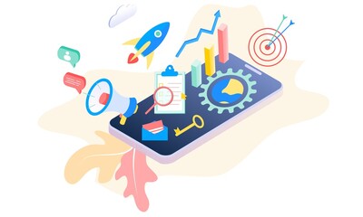 Landing page of SEO Search Engine Optimization modern flat design isometric template. Conceptual SEO analysis and optimization, SEO strategies and marketing concept vector illustration for web site. 