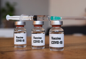 Coronavirus, Covid 19 virus, vaccine vial. Vaccine phial with transparent fluid for coronavirus covid-19.  