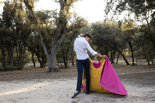 Back view of graceful male matador practicing on meadow with yellow and pink cloak on sunny day