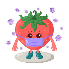 Cute kawaii strawberry with shoes and medical mask surrounded by viruses. Colored isolated natural vector illustration in flat design with shadows	