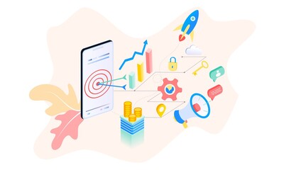 Landing page of SEO Search Engine Optimization modern flat design isometric template. Conceptual SEO analysis and optimization, SEO strategies and marketing concept vector illustration for web site. 