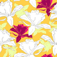 Floral seamless pattern. Vector background with flowers. Hand drawn artwork for textiles, fabrics, souvenirs, packaging and greeting cards.
