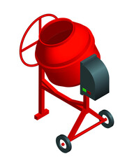 Isometric vector illustration red concrete mixer isolated on white background. Cement mixer with black control box realistic vector icon for web. Cartoon isometric pouring cement. Building equipment.