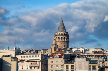 Landscape view on the Galata Tower under the blue autumn sky