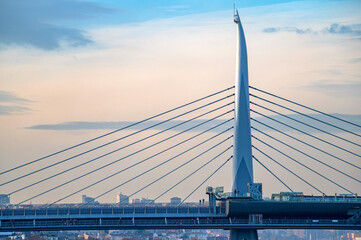 The beautiful view on the Golden Horn bridge in the blue haze