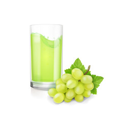 White bunch of grapes and drinking glass with green grape juice 3d illustration