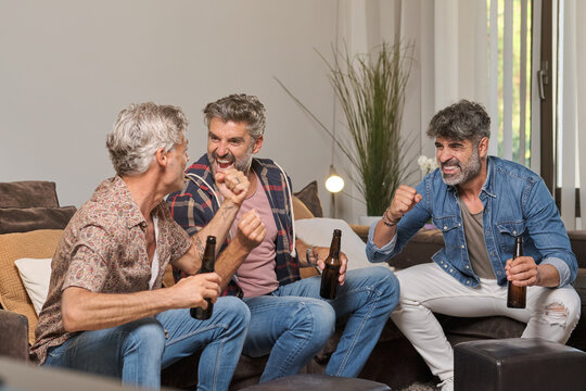Happy Mature Men Drinking Beer And Raising Hands While Celebrating Success Of Sport Team Watching Match In Living Room
