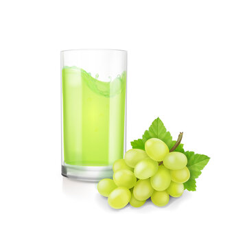 White bunch of grapes and drinking glass with green grape juice 3d illustration