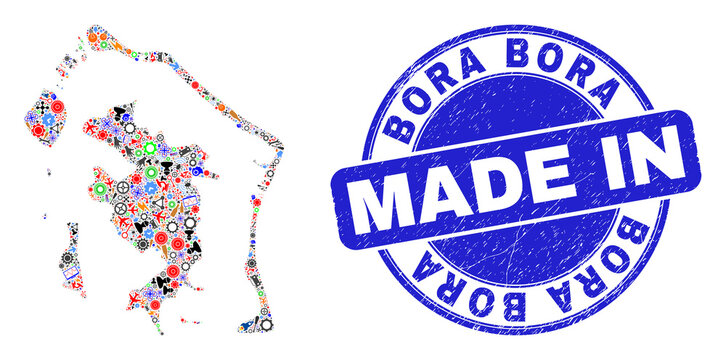 Technical mosaic Bora-Bora map and MADE IN scratched rubber stamp. Bora-Bora map mosaic formed with spanners,wheels, tools,items,vehicles, electric sparks,bugs.