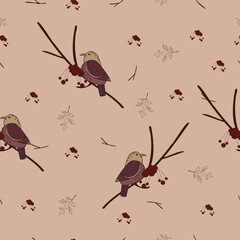 Fall pattern with birds, berries, branches and leaves, botanical and forest wild life illustration, seamless pattern, vector