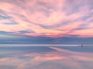 Pink sunset heaven with magical clouds reflection in shiny sea water romantic love twilight on...