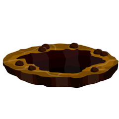 Big hole in ground. Cartoon illustration. Brown dry soil and mine. Element of desert landscape