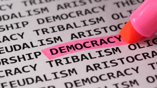 Word Democracy highlighted with a pink marker. Highlighter among different association terms