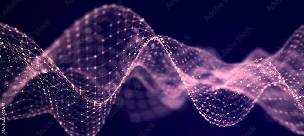 Poster Futuristic background of points with a dynamic wave. Excellent data visualization. 3D rendering.