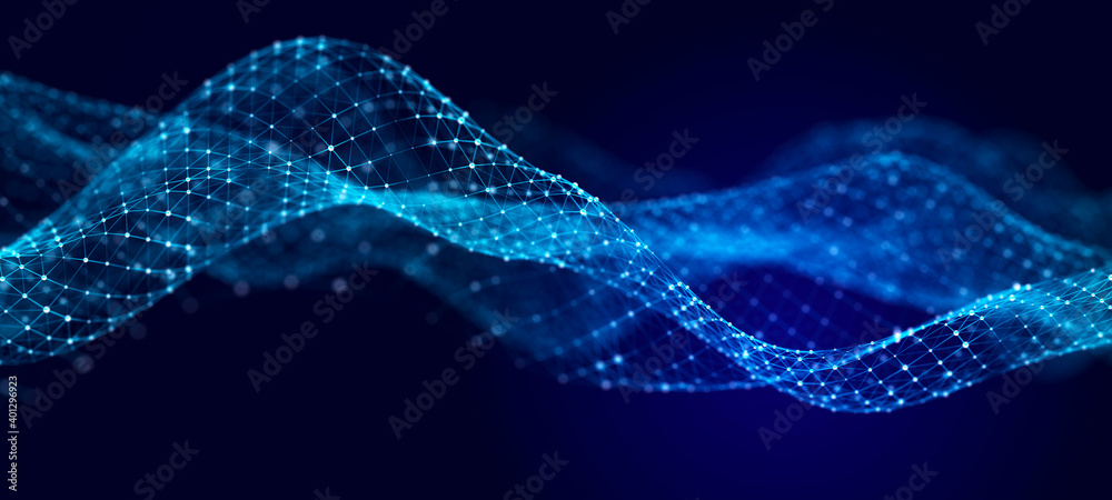 Poster Futuristic background of points with a dynamic wave. Excellent data visualization. 3D rendering.