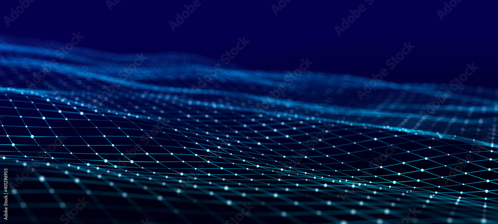 Poster Connected polygons in a geometric background. Cybernetic particles network connection 3d rendering.