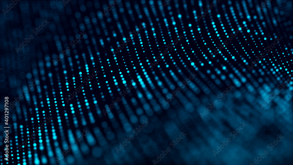 Poster Futuristic blue background with glowing particles movement. Big data. 3d rendering.