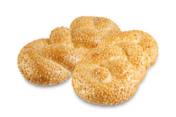 Wheat white braided bread with sesame seeds on a white isolated background
