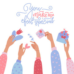 Give gifts. Many hands holding Valentine presents - Gift box with ribbon, red flower, love letter, heart. Vector flat illustratio. Romantic surprise for Valentine's Day. Congratulation. Love greetings