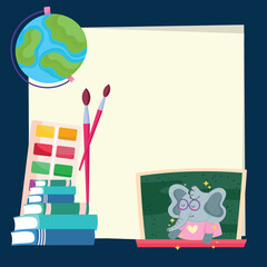 Back to school elephant cartoon on board and icons vector design