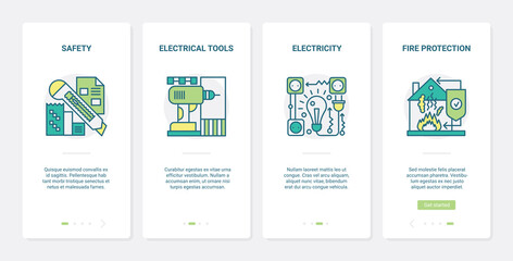 Safety and health protection during construction vector illustration. UX, UI onboarding mobile app page screen set with line safe technology, electricity, tools and measures to protect against fire