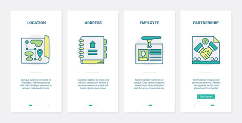 Recruit hr management, business partnership vector illustration. UX, UI onboarding mobile app page screen set with line recruiting data for recruitment company, search for expert employee workforce