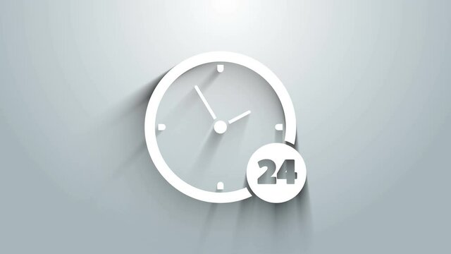 White Clock 24 hours icon isolated on grey background. All day cyclic icon. 24 hours service symbol. 4K Video motion graphic animation