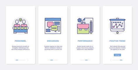 Business team research in discussion, teamwork analysis vector illustration. UX, UI onboarding mobile app page screen set with line optimization, study of performance indicators, analytics symbols
