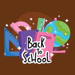 back to school lettering books ruler and globe map cartoon