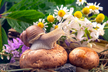 grape snail is actively crawling in nature. mollusc and invertebrate. delicacy meat and gourmet food.