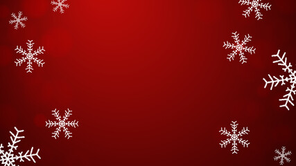 Red bokeh background, white, fluffy snowflakes. Christmas new year illustration. Vector.