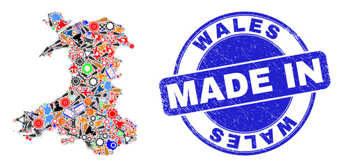 Component mosaic Wales map and MADE IN grunge rubber stamp. Wales map composition formed with wrenches,wheel,screwdrivers,elements,cars,electricity bolts,bugs.