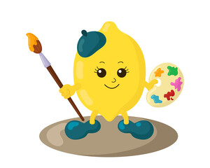 Funny smiling kawaii artist lemon with palette and brush in doodle style. Isolated colored cheerful fruit cartoon vector illustration in flat design with shadows	