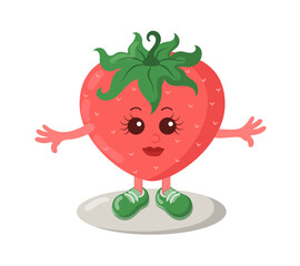 Funny smiling cute kawaii strawberry with sneakers. Colored isolated vector illustration in flat design with shadows	